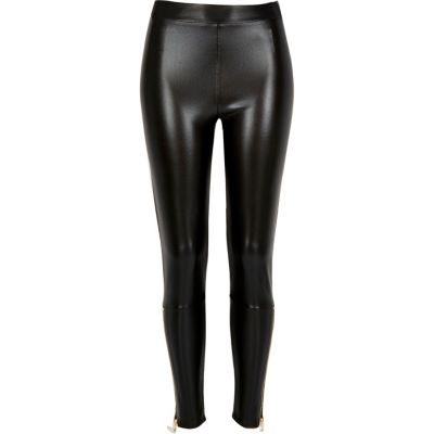 Black leather-look zip ankle leggings